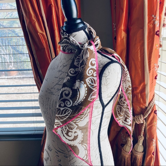 Chiffon Hawaiian White Paisley Print Brown Pink Border Sheer Neck Purse Scarf OS - Picture 16 of 16